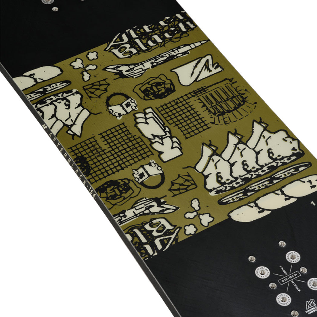 Designed for the intermediate-to-expert level snowboarder, the Afterblack is a mid-flexing true-twin with a Combination Camber Profile (with camber in between the bindings and rocker on the outside of the insiders) giving it a playful feel while still being able to hold speed and track straight into the next feature.