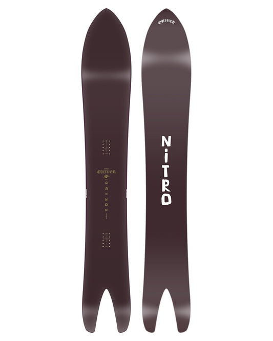 The 2025 Nitro Quiver Cannon snowboard is the silver screen (instagram) superstar of the Quiver range. Featuring a swallowtail shape and coming in HUGE sizes this board is sure to turn some heads while ripping around the resort. 