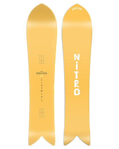 The 2025 Nitro Fintwin snowboard takes inspiration from early surfboard shape exploration, boasting a wide nose and a tapered swallowtail to help you surf the snow with ease. A tapered shape, Cam-Out Camber, and Sintered Speed Formula II base is short, quick, surfy shape will have you zipping through the trees, slashing powder stashes, and staying afloat through the deepest of days.