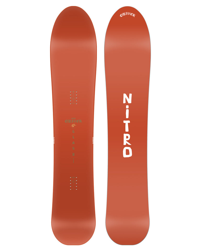 The 2025 Nitro Slash has a 3D Surf Tech design, which gives the nose a convex shape that transitions into the front binding for a smooth and surfy feel in powder. Balancing that out is the concave shape in the tail, which gives you quick control and all the response you would need.