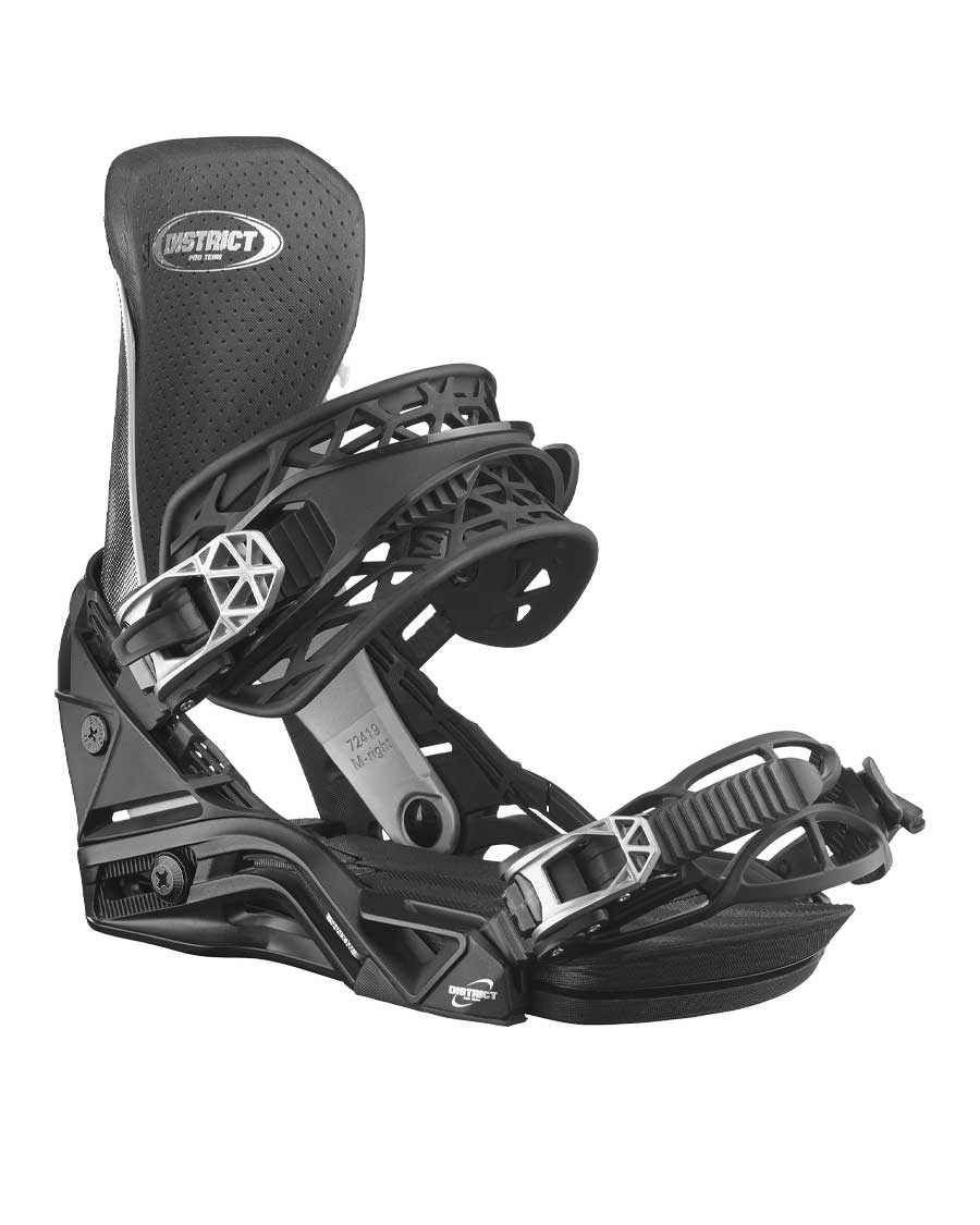 The District Pro is a team inspired freestyle binding made for riders who demand support &amp; control. Born from team riders combining parts from two different bindings, the DISTRICT PRO TEAM maintains all the benefits of the District, like comfort &amp; natural connection; with a more supportive heelcup, upgraded suspension &amp; a more responsive strap.