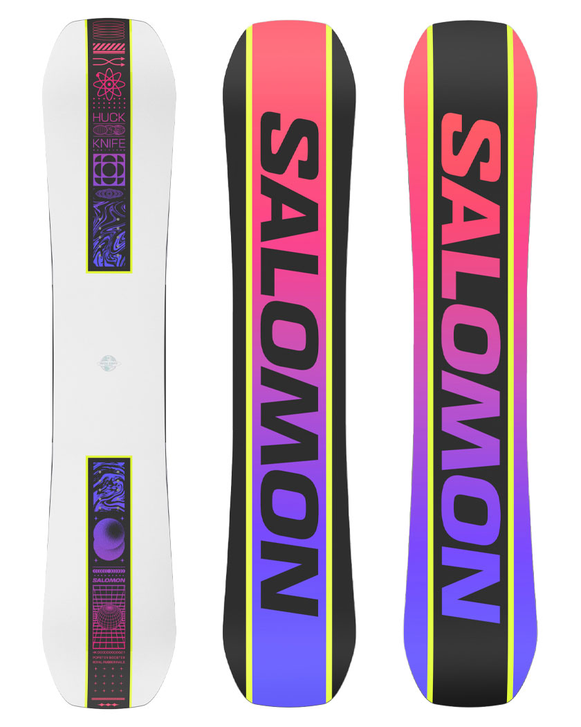 Salomon's flagship true-twin freestyle board, the Huck Knife was built for jumps, transition, and rails using our most aggressive camber profile and paired with a versatile flex for precise maneuvers. A steeper nose and tail design provides snap, response, and swing weight reduction while a long list of tech enhances pop and stability at high speeds.