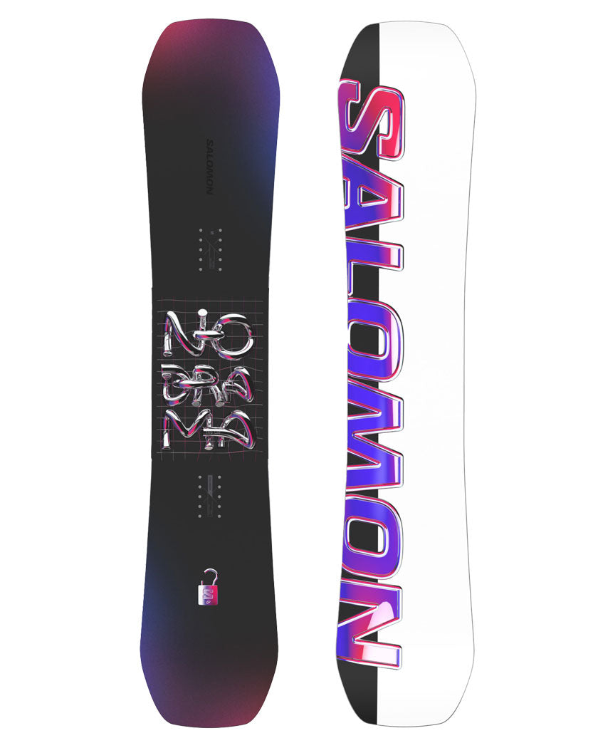 Salomon's premiere women’s park board, the No Drama, was built for jumps, transition, and rails using our most responsive camber profile, paired with a versatile flex and sidecut for precise maneuvers. A steeper nose and tail design provides snap, response, and swing weight reduction while a long list of tech enhances pop and stability at high speeds