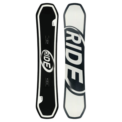 Top-down view of the top-sheet and base on the Ride Zero Snowboard
