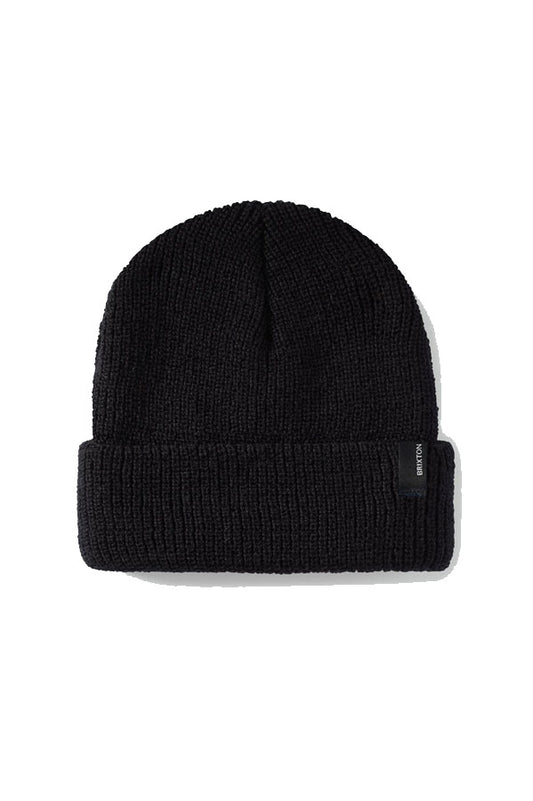 Brixton Heist Beanie front view. All black acrylic beanie with cuff. Small brixton tag on right side of cuff. 