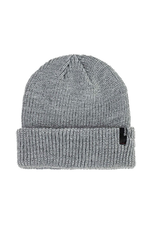 Brixton Heist Beanie front view. All light grey acrylic beanie with cuff. Small brixton tag on right side of cuff. 