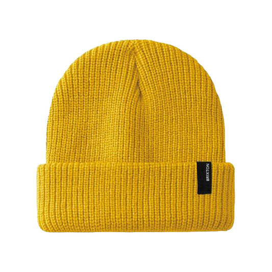 Brixton Heist Beanie front view. Mustard yellow acrylic beanie with cuff. Small brixton tag on right side of cuff. 