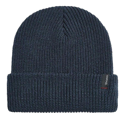 Brixton Heist Beanie front view. Navy blue acrylic beanie with cuff. Small brixton tag on right side of cuff. 