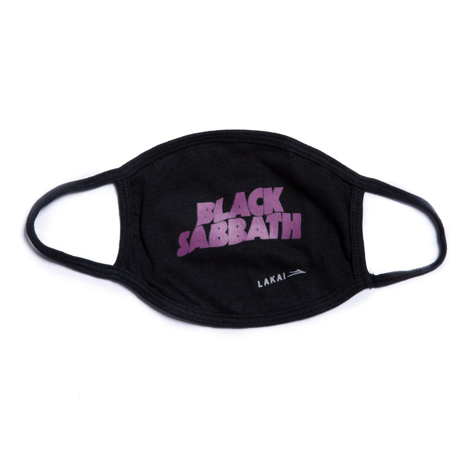 Black Lakai brand face mask with purple "Black Sabbath" logo in center. 