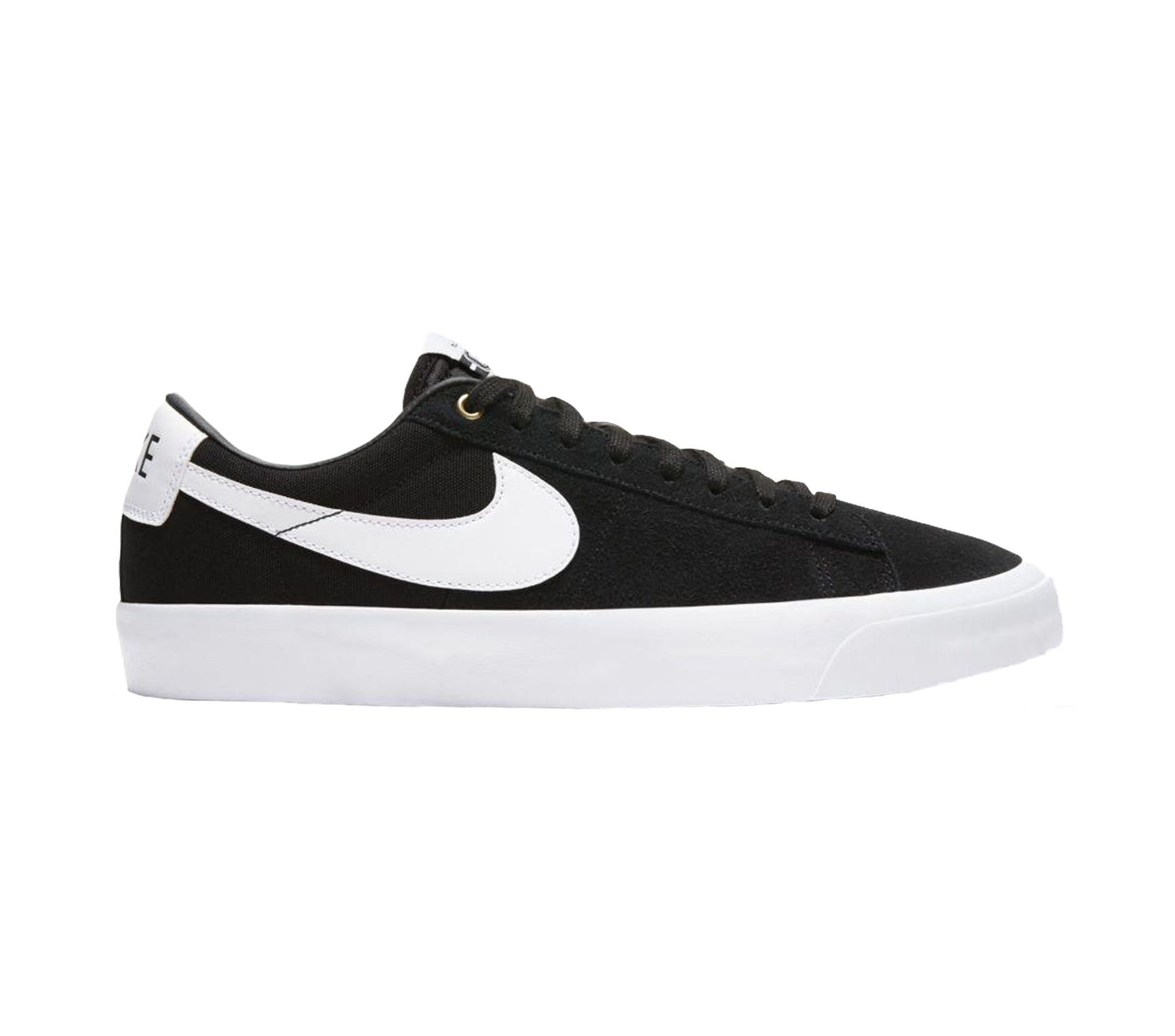 Nike SB Zoom Blazer Low GT skate shoe side view. Black upper with white sole and large white Nike swoosh on side with white nike branded heel tab. 