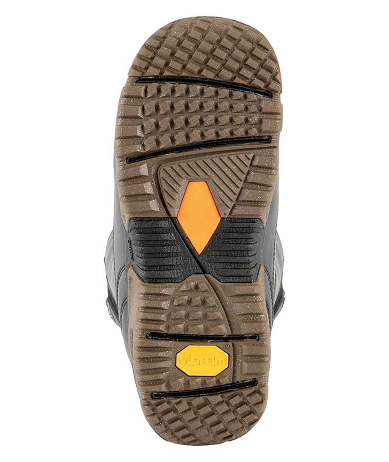 bottom gumsole view on faint boot with yellow vibram outsole on heel.