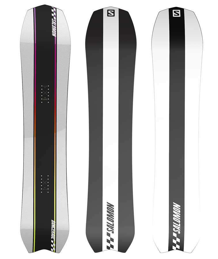 Get to the finish line first with this slick looking graphic. Featuring a silver topsheet with a black stripe down the middle with a stripe on either side with purple to yellow ombre. Also features a flip flop base either black with a white stripe or white with a black stripe. Checkered flag salomon logo on tail.