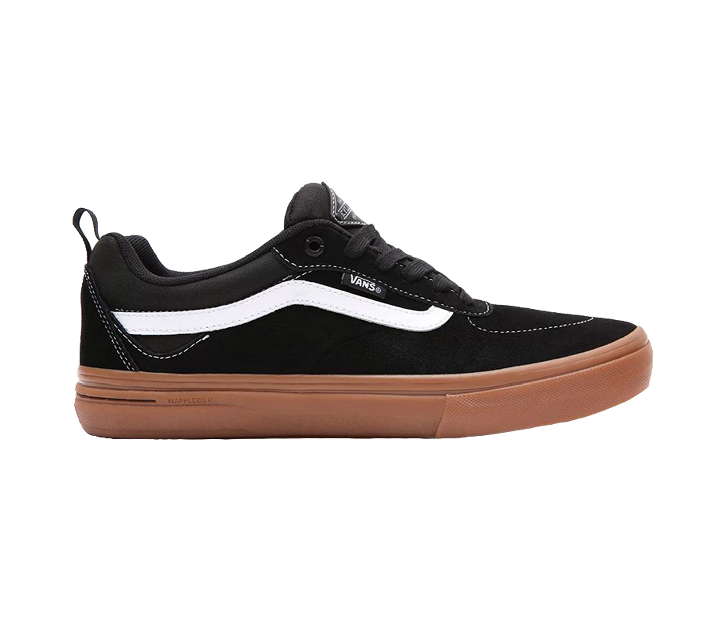 Vans Kyle Walker Pro skate shoe side view. Black low cut shoe, with white stitching, white vans stripe and gum coloured waffle cut sole. 